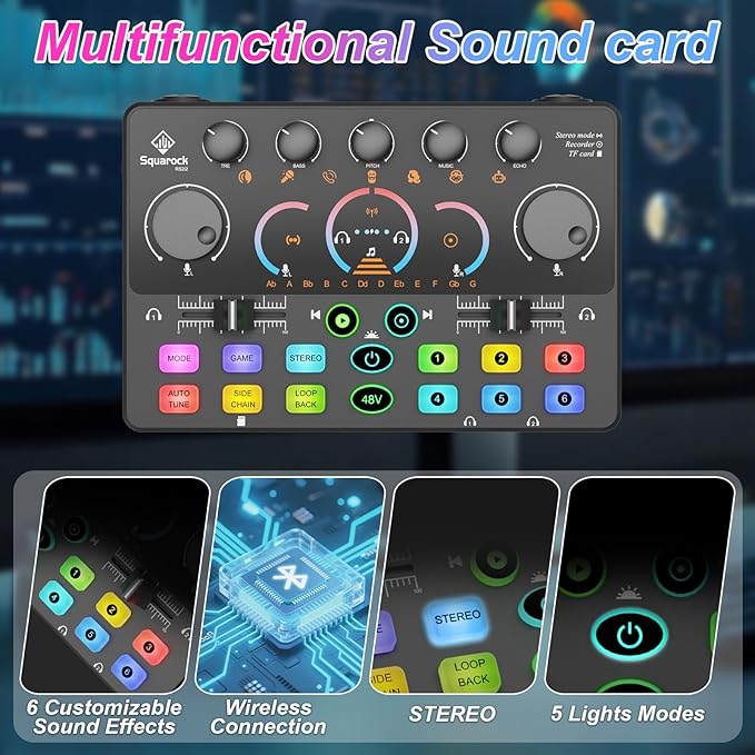 Podcast Equipment Bundle,5RGB Mixer with XLR-6.5mm interface,Dynamic Microphone, TF Card, Surround Sound, Suitable for Streaming/TikTok/YouTube, Compatible with Mobile Phones, PC,Camera RS2