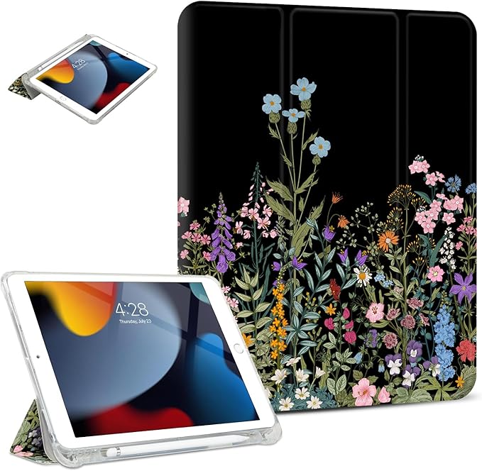 for iPad Air 2/1 Case, for iPad 5Th/6Th Generation Case 2017/2018, Slim Cover for iPad Cases 5th/6Th Generation 9.7-inch, Pencil Holder, 2 Viewing Angles, Typing Stand, Black Flower Art