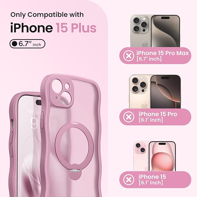 CAPRARO for iPhone 15 Plus Case with 360° Spin Magnetic Stand for Women, [Compatible with MagSafe] [Full Camera Protection] Cute Wave Translucent Matte Case for iPhone 15 Plus, Black Currant