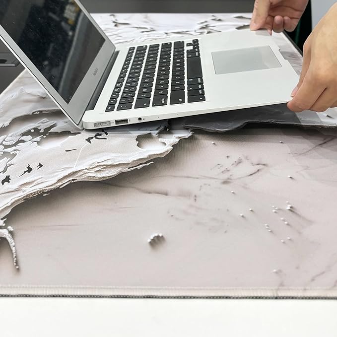 White Marble World Map Desk Pad – Large Mouse Mat for Keyboard and Mouse, Topographic Non-Slip Surface for Desktop