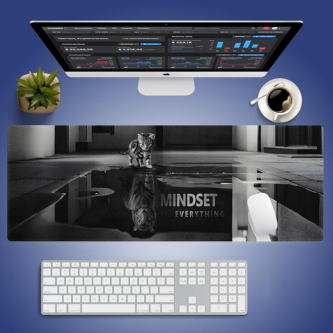 XXL Gaming Mouse Pad with Stitched Edges for Home & Office - Mindset is Everything Inspirational Quote & Cute Cat Funny Tiger Reflection, Smooth Fabric Surface Anti-Slip Base Large Desk Mat