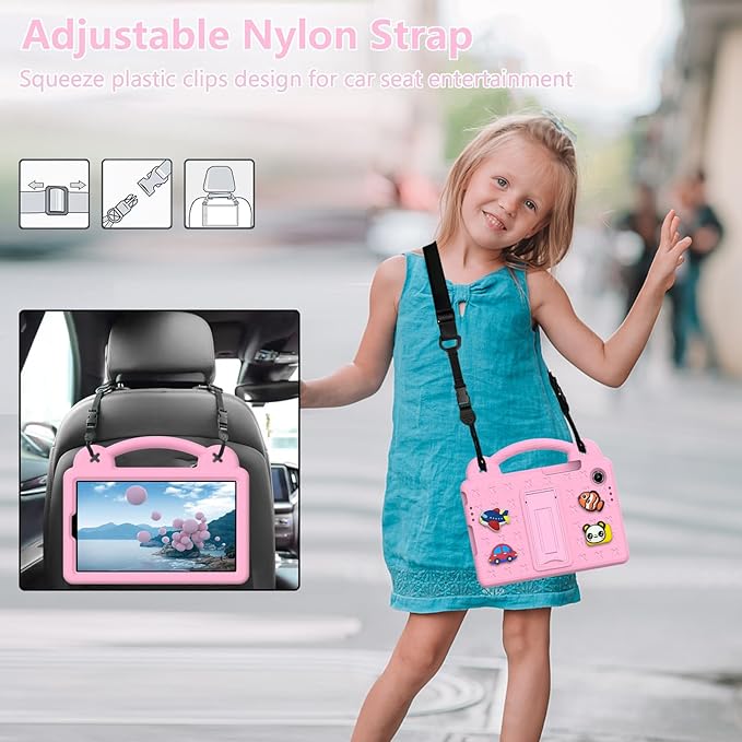 AKABEILA Compatible with Lenovo Tab One 2025 8.7 inch Tablet Case, Kids Friendly Universal Lightweight Shockproof Protective Case with Shoulder Strap & Stand Handle Pink