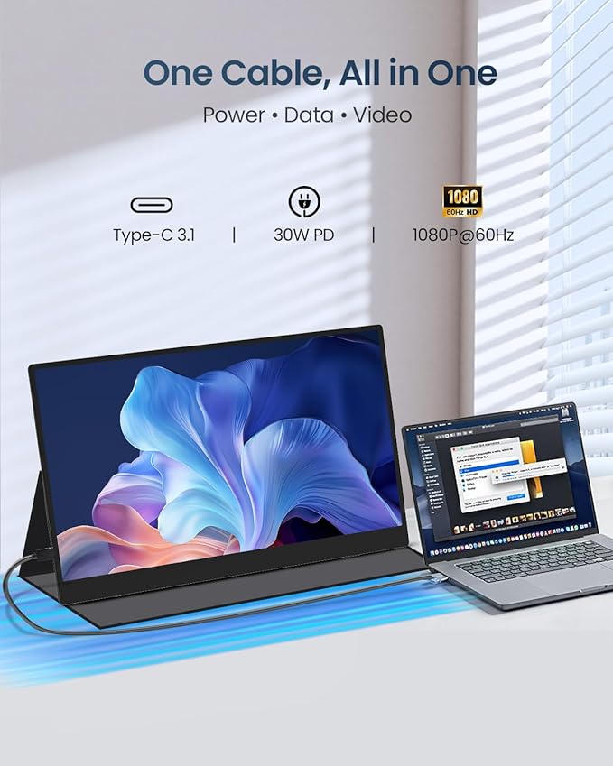 15.6" Portable Monitor, 1.38lbs Ultra-Light Laptop Screen Extender, 60Hz 1080P FHD IPS Travel Display with Stable VESA Mount & Smart Cover, USB C/HDMI Plug & Play External Screen for Mac Phone PS5