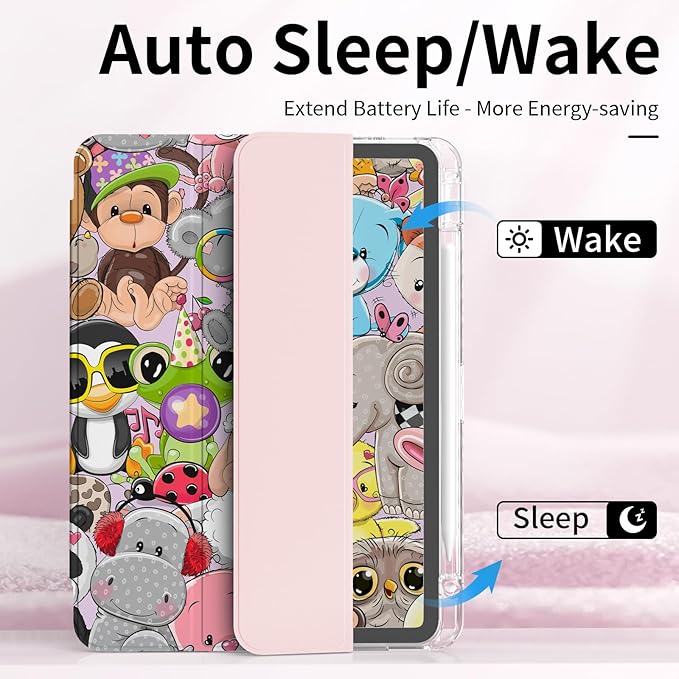 Trifold Case for ipad Air 6th/7th 11 inch M2/M3 2024/2025 with Pencil Holder, ipad Pro 11 4th/3rd/2nd/1st Gen, ipad Air 5th/4th Gen 10.9 Cover, Shockproof Clear Back Cover, Cute Animals