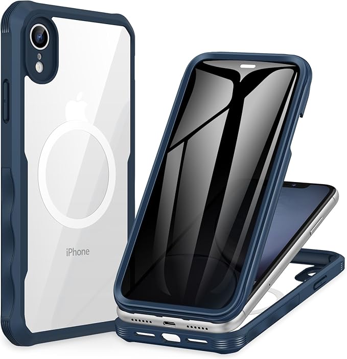 CENHUFO Privacy Magnetic for iPhone XR Case, Full Body Phone Case Built-in 9H Tempered Glass Privacy Screen Protector [Compatible with Magsafe] Shockproof Protective Bumper Clear Cover - Blue