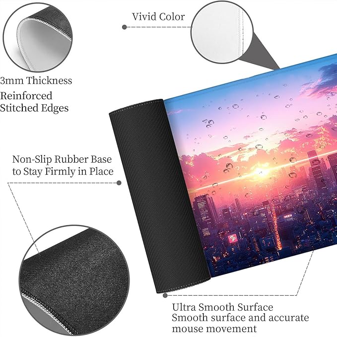 Cyber Desk Mat Neon Light Retro Futuristic Gaming Mouse Pad Mat with Stitched Edge Non-Slip Base Big Mouse Pad Designed for Laptop, Monitor, and Typing Comfort 31.5x11.8 Inch