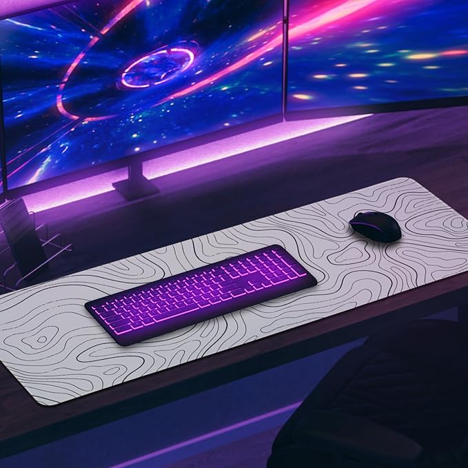 Mouse Pad Gaming Mousepad, 31.5 x 11.8in Large Desk Mat Keyboard Pads Extend Long XL Mouse Mat with Non-Slip Base Desk Accessories for Home Office Keyboard Mouse (White Topographic)