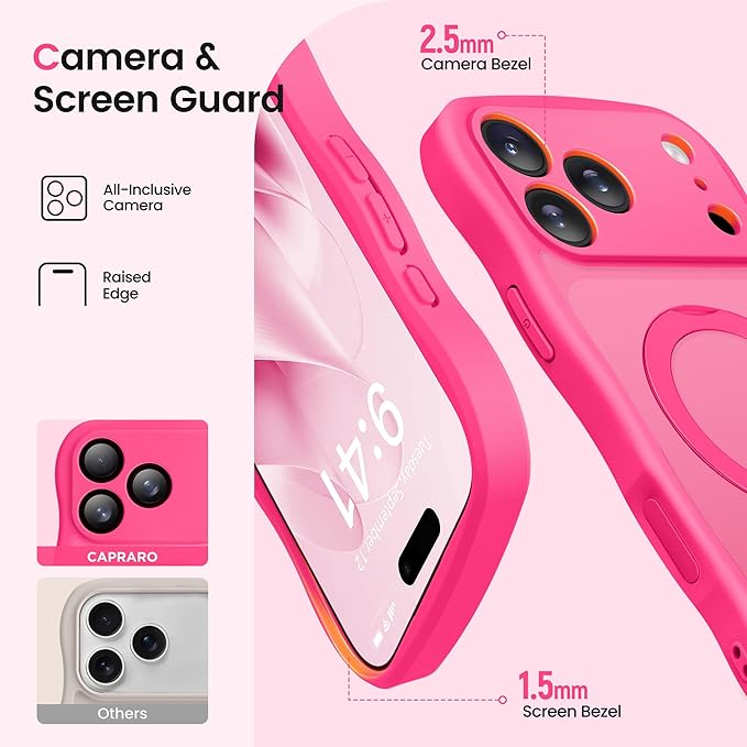 CAPRARO Magnetic for iPhone 17 Pro Case with 360° Spin Magnetic Stand for Women, [Compatible with MagSafe] [Full Camera Protection] Cute Wave Translucent Matte Case for iPhone 17 Pro, Hot Pink