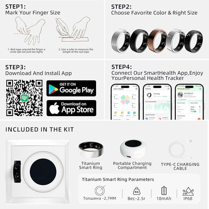 Smart Ring Titanium Fitness Sleep Tracker Health Monitoring Blood Pressure Blood Oxygen for iPhone and Android 7 Days Batterty Life (Rose Gold, 11) Full Charge First Use