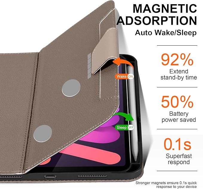 for iPad mini 7 (A17 Pro) 2024 iPad mini 6th Generation 2021 with Pencil Holder,Smart Leather Cover with Buckle, Protective, Auto Wake/Sleep, Adjustable Stand, Multiple View Angles,Gray Brown