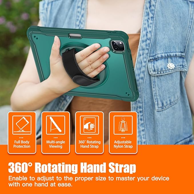 Batianda Case for iPad Pro 11-inch 2022 4th M2 Chip /2021 (3rd Generation) Heavy Duty Rugged Shockproof Tablet Cover with 360° Rotating Hand Strap Foldable Hidden Stand & Shoulder Strap, Teal