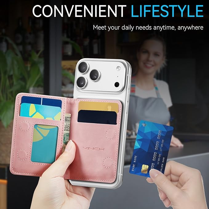 Vinich for MagSafe Wallet Magnetic RFID Blocking Card Holder Compatible with MagSafe Phones and Cases, Strong Magnet Minimalist Phone Wallet for iPhone 17/16/15/14/13/12/ Pro/Max/Plus, Rose Pink