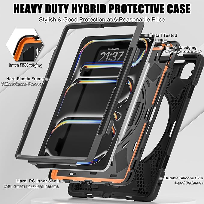 Batianda Case for iPad Pro 13-inch 2025 M5 2024 M4 Chip Heavy Duty Rugged Durability Silicone Tablet Cover with 360° Rotating Hand Strap Foldable Hidden Stand & Shoulder Strap, Black