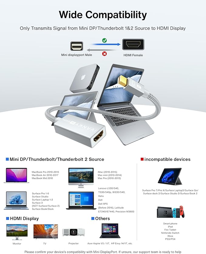 IVANKY 4K Active Mini DisplayPort to HDMI Adapter, 4K@60Hz, Thunderbolt 1&2 to HDMI Adaptor, Super Slim, Mini DP to HDMI Adapter for MacBook Air/Pro, Surface Pro/Dock/Book, Monitor, Projector-Silver