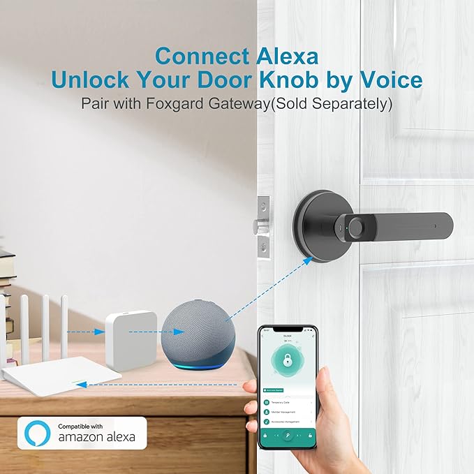Foxgard Biometric Door Lock with Smart APP Fingerprint Knob Remote Control with APP Smart Door Knob for Home/Bedroom/Office/Apartment/Airbnb Black