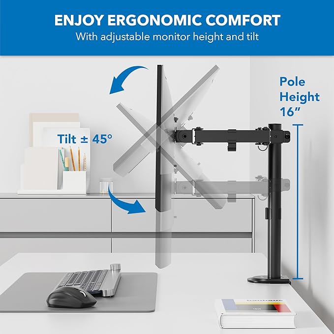 Mount-It! Single Monitor Arm 17" to 32", Full Motion Adjustment with Tilt, Rotation, Swivel, Height Adjustment Along Pole, Clamp or Grommet Mounting, Monitor Desk Mount VESA 75x75 and 100x100, Black