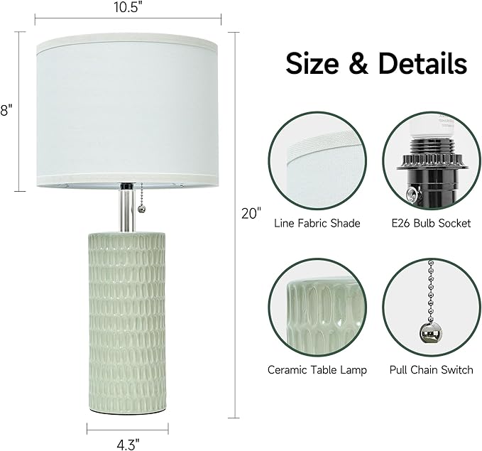 Reaketon Table Lamps for Living Room Set of 2, Ceramic Table Lamps for Bedroom, 20" Modern Lamps for Night Stands, Light Green