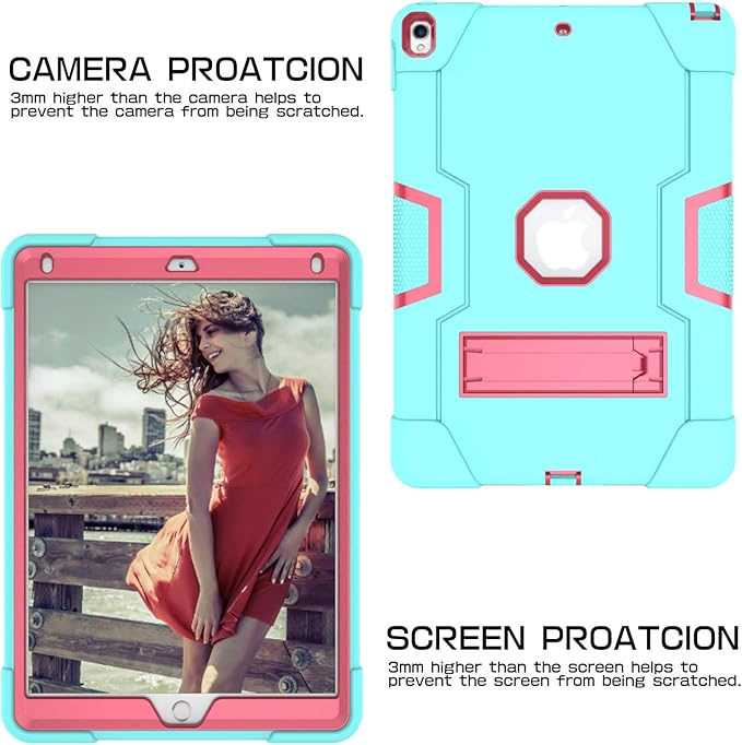 Dteck for iPad Air 3rd Gen (2019) / iPad Pro (2017) Case 10.5", Shockproof Protective Case with Kickstand, Hard Plastic Shell, 3-Layer Protection Drop Proof Sturdy Rugged Tablet Cover (Aqua+Rose)