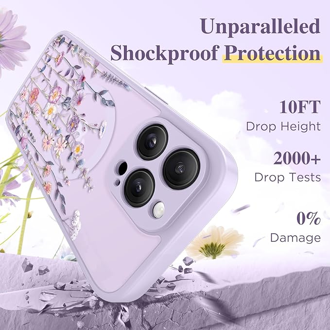 GVIEWIN for iPhone 16 Pro Max Case Compatible with MagSafe, [Military Grade Protection] [Screen Protector] Full Camera Protection Floral Translucent Women Magnetic Phone Case, Floratopia/Colorful
