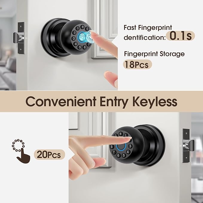 Fingerprint Door Lock, Smart Fingerprint Door Knob with Keypad, Biometric Door Knobs with App Control, Auto Lock Door Lock with Code, Keyless Door Knob with Locks for Bedroom, Home,Office-Matte Black