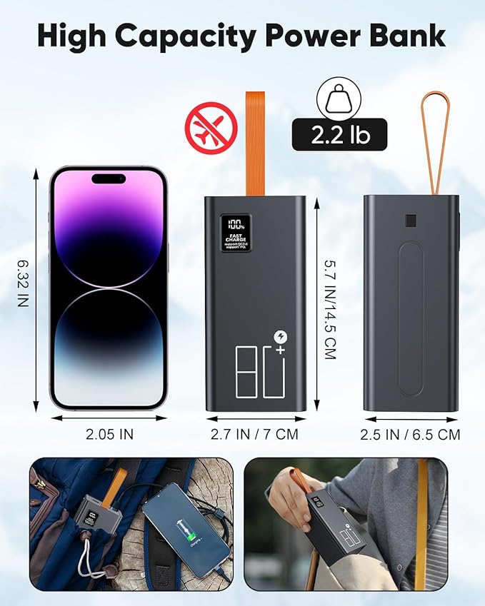 80000mAh Portable Charger Power Bank High Capacity, Fast Charging 30W PD USB C Battery Pack, 5 Output & 2 Input Large Battery Bank with LED Display & Non-Slip Design for Phone Camping Travel Outdoors
