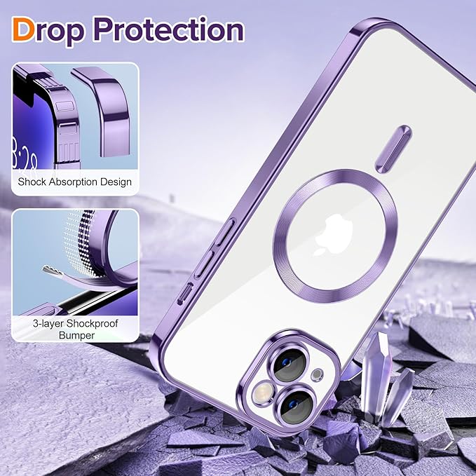 Hython Magnetic Clear for iPhone 14 Case with Camera Lens Protector [Compatible with MagSafe] Luxury Plating Edge Slim Soft TPU Cover Protective Phone Case for iPhone 14 6.1", Light Purple
