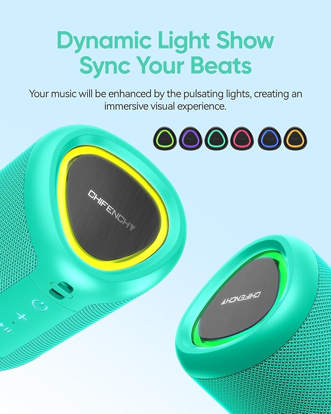 Portable Bluetooth Speaker Beach Essentials: Powerful Crystal Clear Sound/Dynamic Light/IPX5 Waterproof/All Day Playtime/Wireless BT 5.3/TWS Paring, Dad Gifts, Outdoor|Travel|Camping|Pool Accessories