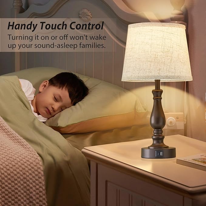 EJIAXIN Table Lamps for Bedrooms Set of 2 - Touch Bedside Lamps with USB C+A Ports - Dimmable Nightstand Lamps for End Tables Farmhouse Night Stand Lamps for Living Room Bed Side Guest Room