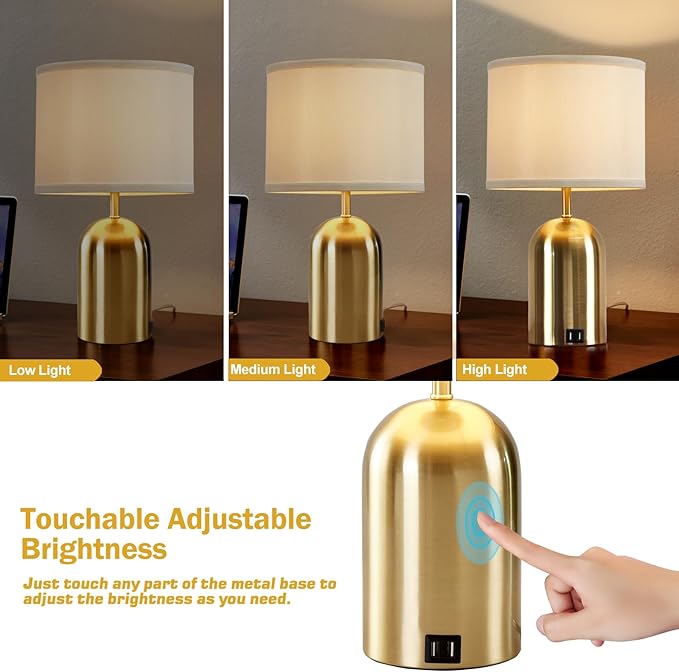 GyroVu Bedside Lamp with USB Port, Touch Control Table Lamp for Bedroom, Dimmable Modern Nightstand Lamp with Fabric Shade Gold Base for Living Room, Dorm, Home Office, LED Bulb Included
