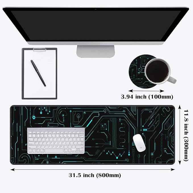 Desk Pad Mat Gaming Mouse Pads with Coasters Set, Stitched Edges Design Mouse Pad XXL Large Mouse Pad for Laptop Computers Circuit Board Pattern Desk Writing Mat for Office & Home 31.5"x 11.8"