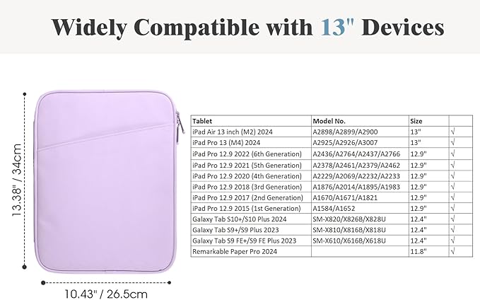 TiMOVO 13 Inch Tablet Sleeve with Pocket for iPad Air 13" M3 2025, iPad Pro 13"/12.9", Galaxy Tab S9/S10 Plus/S9 FE+ 12.4", Remarkable Paper Pro 11.8", Purple Lavender