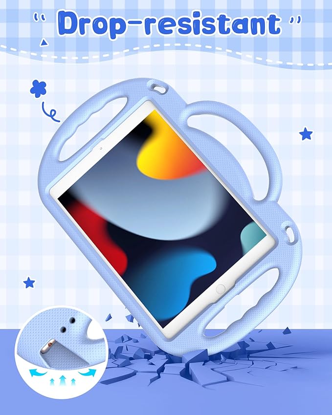 Kids Case for iPad 9th/8th/7th Generation (10.2 inch,2021/2020/2019), Kids Case for iPad Air 3rd Gen 10.5"/Pro 10.5, Durable Shockproof Cover with Shoulder Strap/Handle/Kickstand, Light Blue