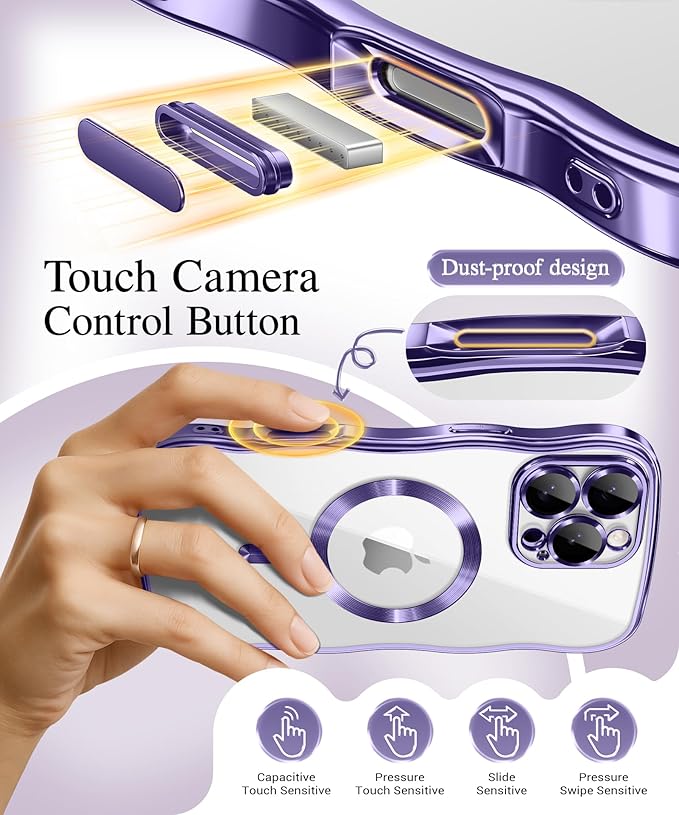 GVIEWIN for iPhone 16 Pro Max Case Compatible with MagSafe, Upgraded [Full Camera Protection][Cute Wave Frame][Military Grade Protection] Electroplated Soft Phone Cover for Women Girl, Clear/Purple