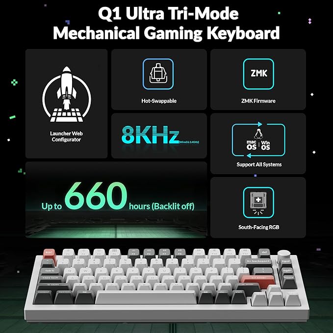 Keychron Q1 Ultra 8K 75% Wireless Mechanical Keyboard, Aluminum Hot-Swappable RGB, Brown Switch, 82 Keys, 600h Battery Life, 2.4GHz/Bluetooth/Wired, ZMK Programmable, Mac Windows Linux – White