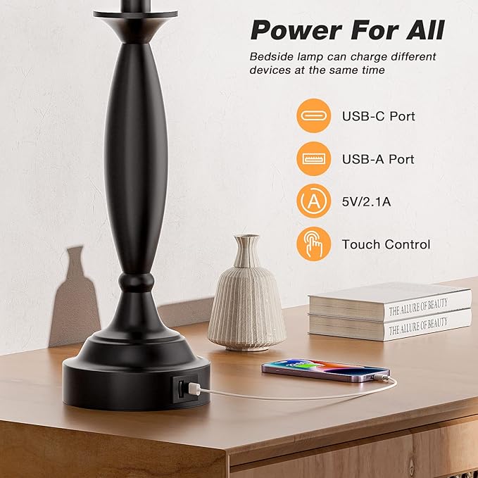 Seealle Grey Lamps for Bedrooms Set of 2 - Touch Control Bedside Lamp with USB C+A, 3 Way Dimmable Nightstand Lamps with USB Port, Table Lamp for Living Room(Grey Shade and Black Base)