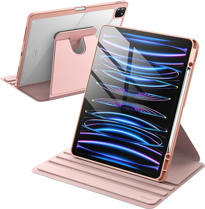 JETech Rotating Case for iPad Pro 12.9-Inch (2022/2021/2020/2018) with Pencil Holder, 360 Degree Rotation Protective Stand Cover Clear Back, Auto Wake/Sleep (Rose Gold)