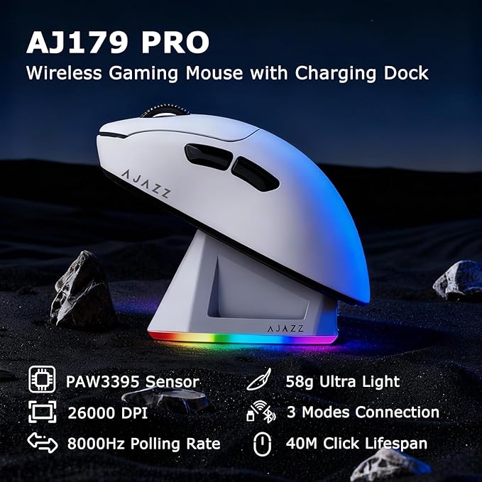 AJ179PRO PAW3395 26000 DPI Gaming Mouse, 8000Hz Polling Rate, 58g Ultra-Light, Tri-Mode (2.4G/Wired/Bluetooth 5.2), Magnetic RGB Charging Dock, Ergonomic Right-Hand Design, White