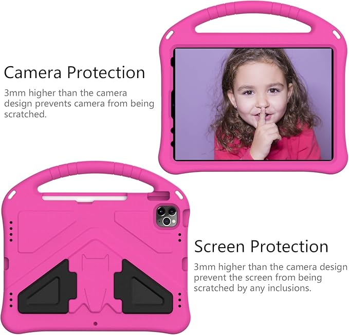 Kids Case for iPad Pro 11" 2022/2021/2020/2018, iPad Air 5th/4th Generation Case with Pencil Holder, Techcircle Lightweight Shockproof EVA Foam Handle Stand Anti-Slip Grip Rugged Case, Rose