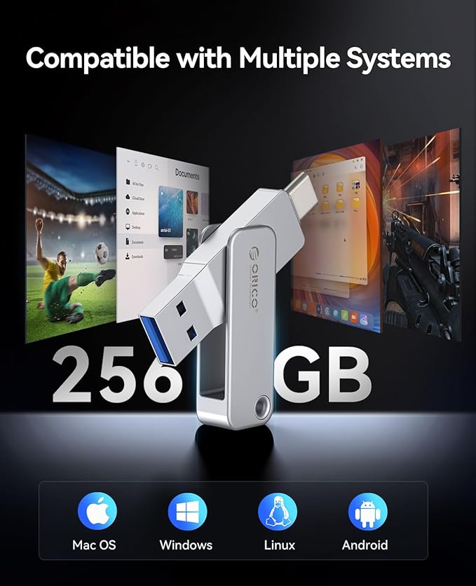 ORICO 256GB Dual USB 3.0 Flash Drive 150MB/s USB Thumb Drive Type-C and USB Type-A Metal Housing Swivel Design for Smartphones & Laptops - EB05