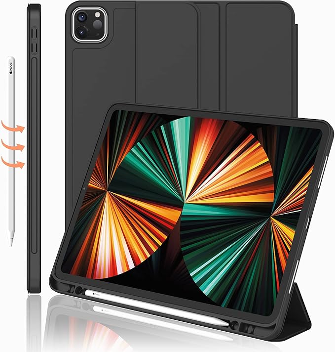 iPad Pro 12.9 Inch Case 2022/2021/2020 (6th/5th/4th Gen) with Pencil Holder [Support iPad 2nd Pencil Charging/Pair],Trifold Stand Smart Case with Soft TPU Back,Auto Wake/Sleep(Black)