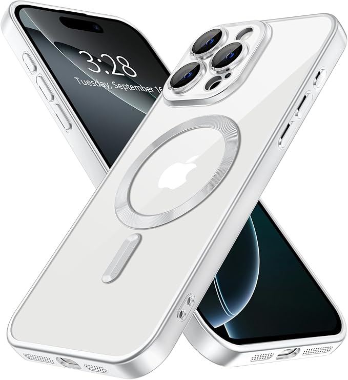 Hython Magnetic Clear for iPhone 16 Pro Case with Camera Lens Protector [Compatible with MagSafe] Luxury Plating Edge Slim Soft TPU Cover Protective Phone Case for iPhone 16 Pro 6.3", Matte Silver