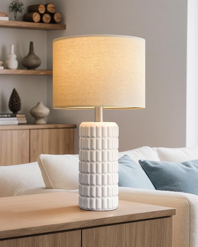 Seealle 23" Modern Ceramic Table Lamps - Table Lamps for Living Room, Farmhouse Bedside Night Stands Lamp for Bedroom, White Boho Nightstand Lamps, Desk Lamp for End Table Home Decor(Single)