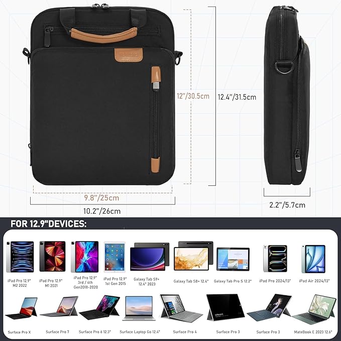 12.9 Inch Tablet Sleeve Bag, Padded Carrying Case for 13" iPad Air M4 M3 M2 2026-2024, iPad Pro M5 M4 M2 M1, Samsung Galaxy Tab S9 FE+/S9+/S8+/S7 FE/S7+ 12.4" 2022/2023, Surface Laptop Go 12.4"