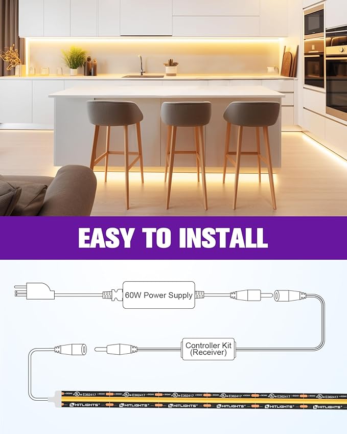HitLights COB LED Strip Lights Kit Warm White with Remote & 12V Power Supply,16.4ft Dimmable Tape Light 3000K, 2400LEDs, 305+Lm/ft, UL Listed, Flexible Rope Lights for Bedroom Kitchen Cabinet Lighting
