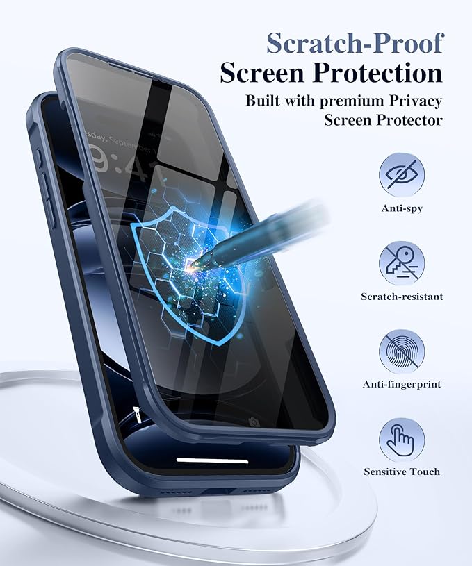 BERFY for iPhone 17 Pro Case, Compatible with MagSafe, Built in Privacy Screen Protector, Shockproof Full Body Phone Case for 17 Pro with Magnetic Stand, Clear Blue