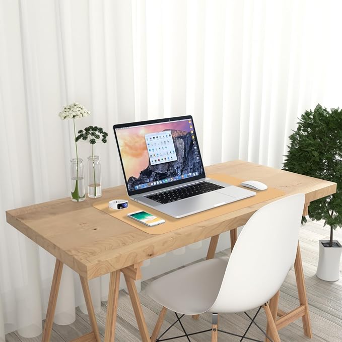 Hsurbtra Desk Pad, 23.6" x 13.8" PU Leather Desk Mat, M Extended Mouse Pad, Waterproof Desktop Blotter Protector, Non-Slip Ultra Thin Small Laptop Keyboard Writing Mat for Office Home, Earth Yellow