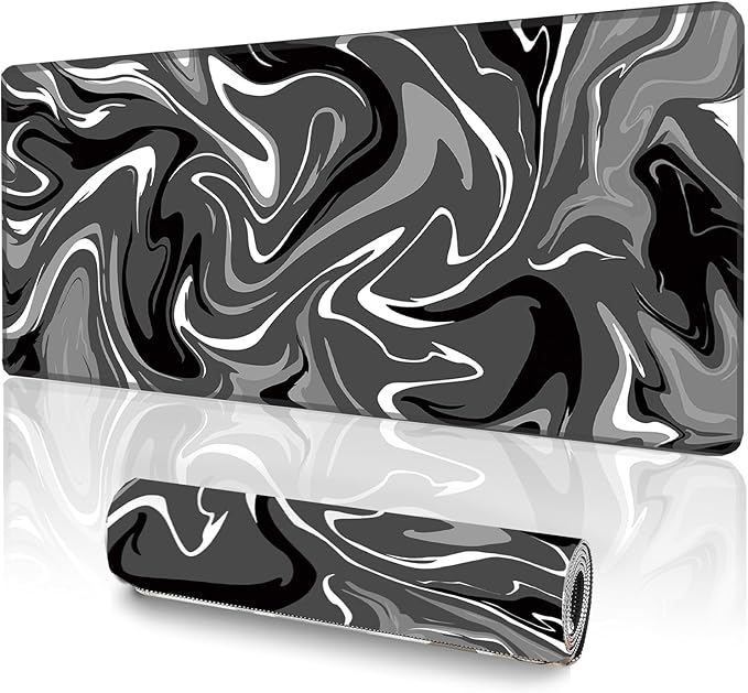 Large Gaming Mouse Pad (31.5x11.8in) - Black & Grey Liquid Swirl Design, Abstract Fluid Art - Extended Desk Mat with Stitched Edges, Non-Slip Rubber Base for Esports and High DPI Sensor Tracking