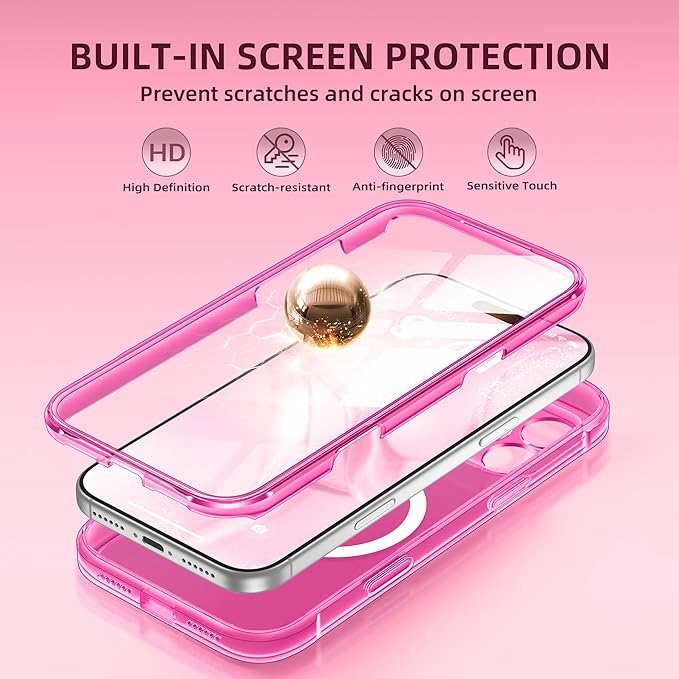 BERFY for iPhone 17 Pro Case, Compatible with MagSafe, Built-in Glass Screen Protector, Camera Protection, Shockproof Full Body Phone case 6.3", Clear Bright Pink