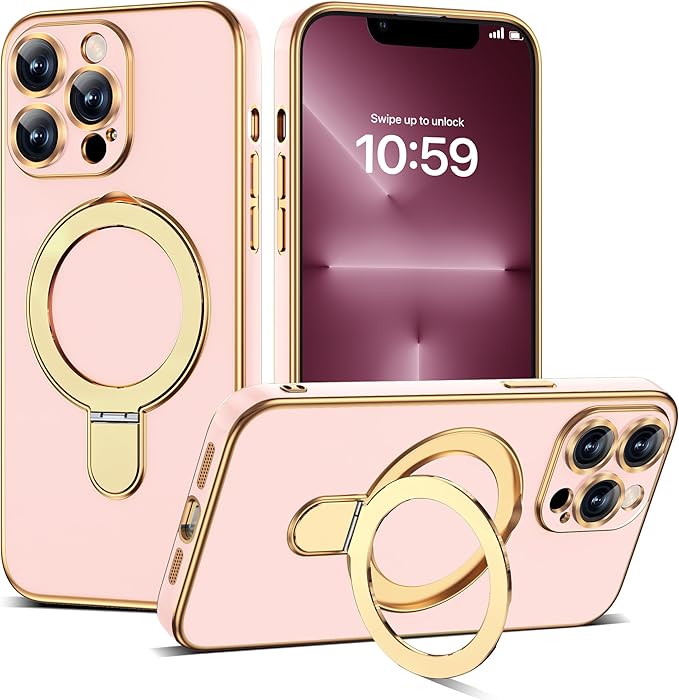 Compatible with iPhone 13 Pro Case with Invisible Magnetic Ring Stand [Compatible with Mag-Safe] [Full Camera Lens Protector] Soft Plating Phone Case for iPhone 13 Pro 6.1", Solid Pink