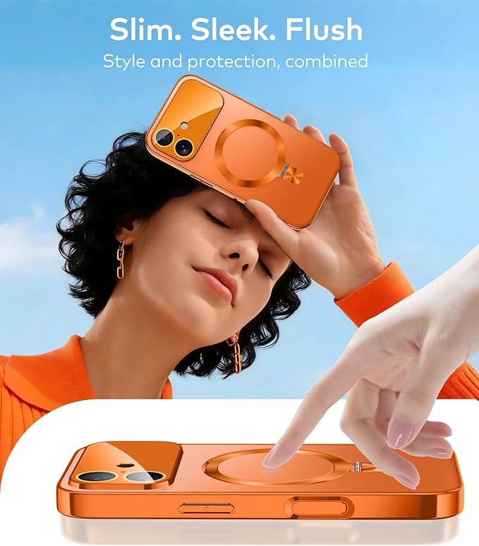 TOBOVON Magnetic for iPhone 17 Case with Ring Stand, Fits MagSafe, with Built-in Camera Lens Protector, Slim Electroplated Shockproof Phone Cover, Orange